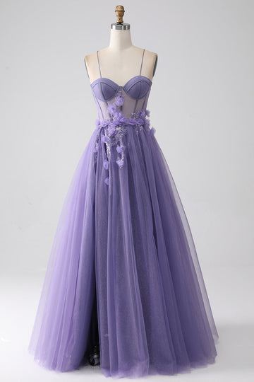 Lila A-linje Spaghetti Straps Korsett Balklänning med 3D-blommor